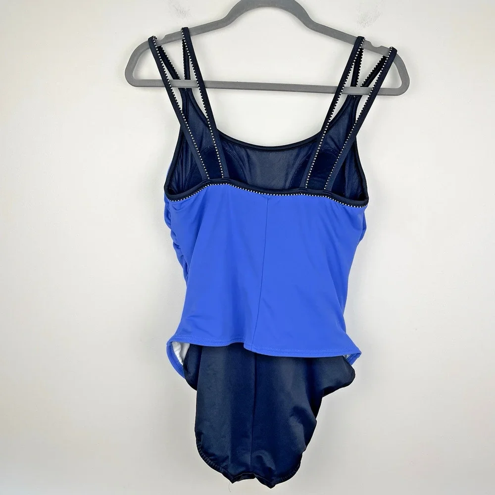 Miraclesuit One Piece Swimsuit Sz 12 Black Blue Overlay Ruched Slimming Strappy